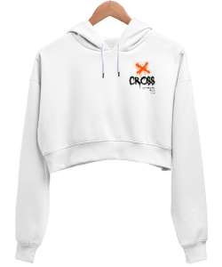 Turuncu detaylı cross logolu Beyaz Kadın Crop Hoodie Kapüşonlu Sweatshirt