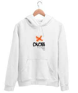 Turuncu detaylı cross logolu Beyaz Unisex Kapşonlu Sweatshirt