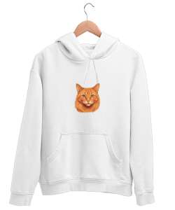 Turuncu Tekir Kedi Beyaz Unisex Kapşonlu Sweatshirt