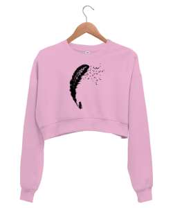 Tüy ve Uçuşmalar Pembe Kadın Crop Sweatshirt