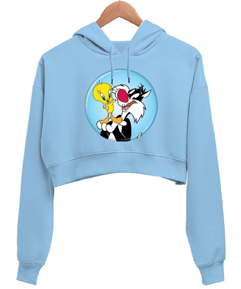 Tisho - TWEETY Buz Mavisi Kadın Crop Hoodie Kapüşonlu Sweatshirt