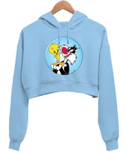 TWEETY Buz Mavisi Kadın Crop Hoodie Kapüşonlu Sweatshirt