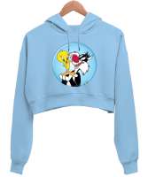 TWEETY Buz Mavisi Kadın Crop Hoodie Kapüşonlu Sweatshirt - Thumbnail