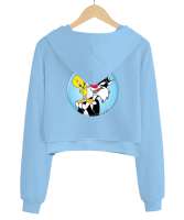 TWEETY Buz Mavisi Kadın Crop Hoodie Kapüşonlu Sweatshirt - Thumbnail