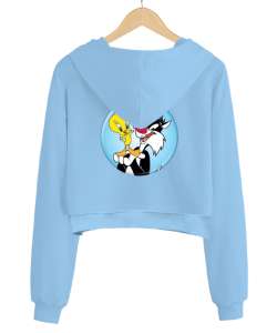 TWEETY Buz Mavisi Kadın Crop Hoodie Kapüşonlu Sweatshirt