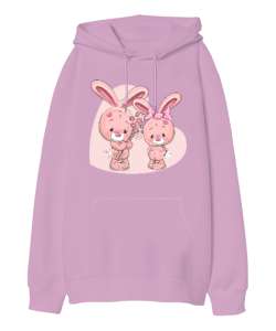 two cute rabbıt Pembe Oversize Unisex Kapüşonlu Sweatshirt