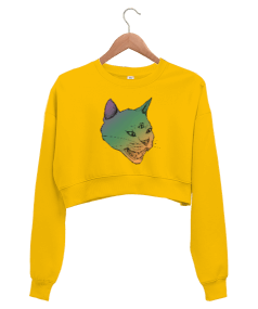 Üç Gözlü Kedi Baskılı Kadın Crop Sweatshirt