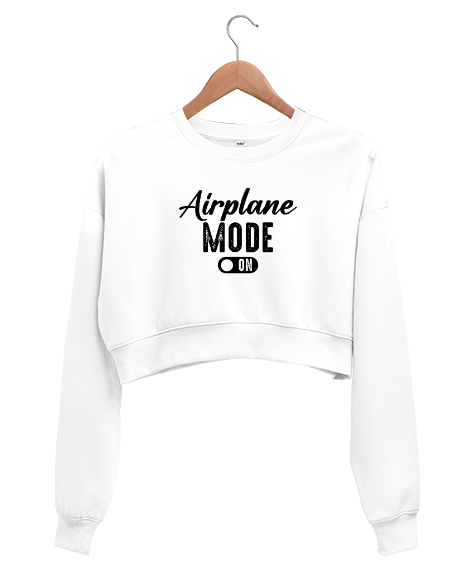 Tisho - Uçak Modu Açık - Airplane Mode Beyaz Kadın Crop Sweatshirt