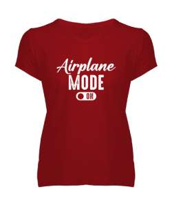 Uçak Modu Açık - Airplane Mode Kırmızı Kadın V Yaka Tişört