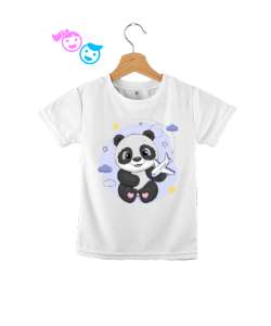 Uçakla oynayan panda baskılı Beyaz Çocuk Unisex