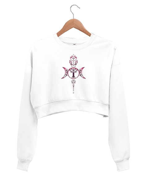 Tisho - Üçlü Tanrıça - Vicca - Mistik Çizim Beyaz Kadın Crop Sweatshirt