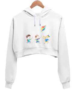 uçurtma uçuran çocuklar Beyaz Kadın Crop Hoodie Kapüşonlu Sweatshirt