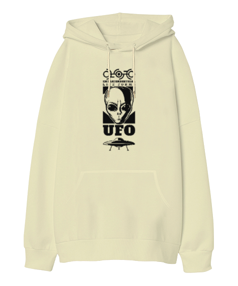 Ufo - Alien - Uzaylı Krem Oversize Unisex Kapüşonlu Sweatshirt