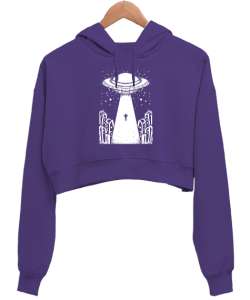 Ufo ve Uzaylılar Mor Kadın Crop Hoodie Kapüşonlu Sweatshirt