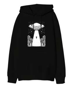 Ufo ve Uzaylılar Siyah Oversize Unisex Kapüşonlu Sweatshirt