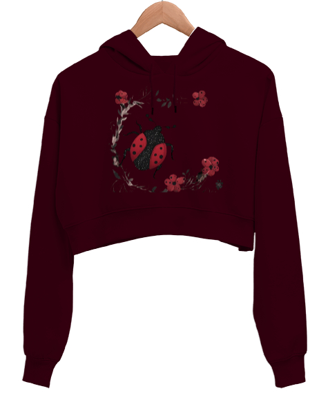 Tisho - Ugur böceği Bordo Kadın Crop Hoodie Kapüşonlu Sweatshirt