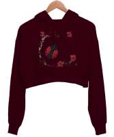 Ugur böceği Bordo Kadın Crop Hoodie Kapüşonlu Sweatshirt - Thumbnail