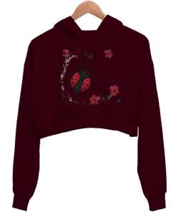 Ugur böceği Bordo Kadın Crop Hoodie Kapüşonlu Sweatshirt