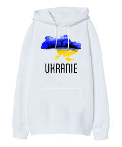 Ukrayna - Ukranie Blu V3 Beyaz Oversize Unisex Kapüşonlu Sweatshirt