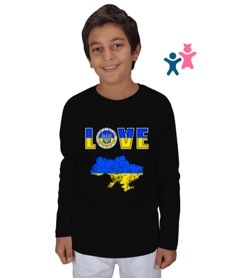 Ukrayna,Ukraine,Ukrayna Bayrağı,Ukraine flag,Ukrayna haritası. Siyah Çocuk Unisex Uzunkollu