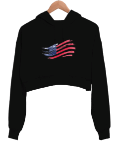 USA Bayrak Baskılı Kadın Crop Hoodie Kapüşonlu Sweatshirt