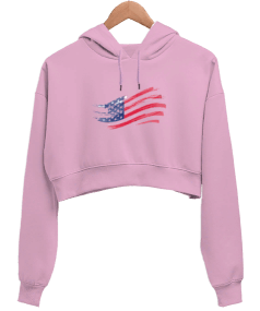 USA Bayrak Baskılı Kadın Crop Hoodie Kapüşonlu Sweatshirt