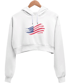 USA Bayrak Baskılı Kadın Crop Hoodie Kapüşonlu Sweatshirt