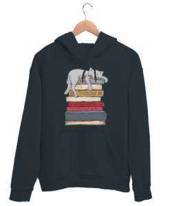 Uykucu Kitap Kurdu Sevimli Kedi Hayvan Füme Unisex Kapşonlu Sweatshirt