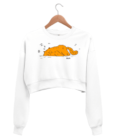 Uyuyan Kedi Temalı Kadın Crop Sweatshirt