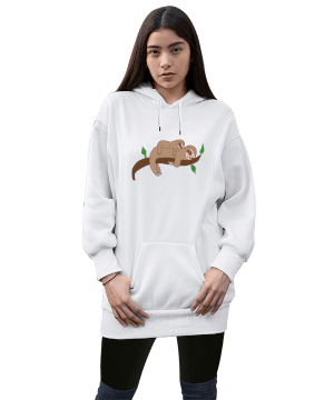 Uyuyan Tembel Hayvanlar Kadın Uzun Hoodie Kapüşonlu Sweatshirt