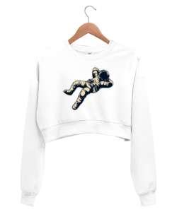 Uzayda Uyuyan Astronot Siesta Beyaz Kadın Crop Sweatshirt