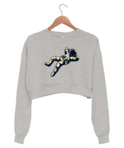 Uzayda Uyuyan Astronot Siesta Gri Kadın Crop Sweatshirt