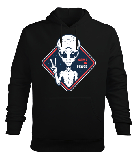 Uzaylı, Alien - Came In Peace Baskılı Siyah Erkek Kapüşonlu Hoodie Sweatshirt