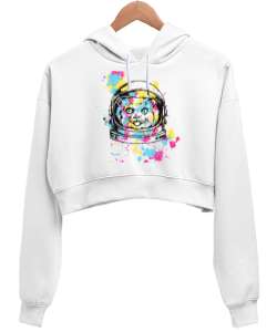 UZAYLI KEDİ Beyaz Kadın Crop Hoodie Kapüşonlu Sweatshirt