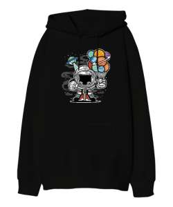 Uzaylı ve Balon Gezegenler Siyah Oversize Unisex Kapüşonlu Sweatshirt