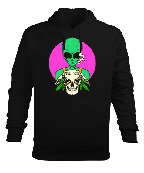 Uzaylı ve iskelet temalı marjinal tasarım Siyah Erkek Kapüşonlu Hoodie Sweatshirt