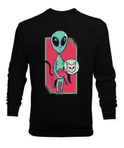 Uzaylı ve Kedi Siyah Erkek Sweatshirt