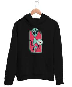 Uzaylı ve Kedi Siyah Unisex Kapşonlu Sweatshirt