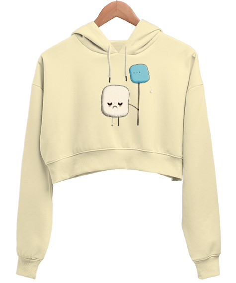 üzgün marshmallow Krem Kadın Crop Hoodie Kapüşonlu Sweatshirt