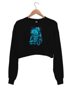 Üzgün Robot Siyah Kadın Crop Sweatshirt