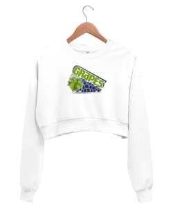 Üzüm baskılı Beyaz Kadın Crop Sweatshirt