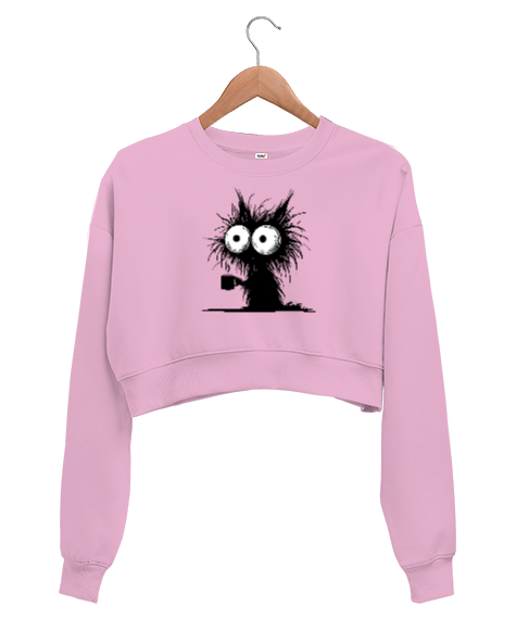 Tisho - Uzun Tüylü Salaş Kahve İçen Kedi - Cat Pembe Kadın Crop Sweatshirt