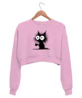 Uzun Tüylü Salaş Kahve İçen Kedi - Cat Pembe Kadın Crop Sweatshirt - Thumbnail