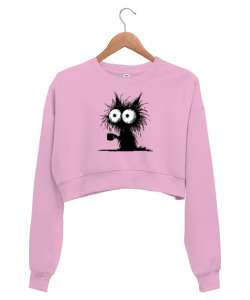 Uzun Tüylü Salaş Kahve İçen Kedi - Cat Pembe Kadın Crop Sweatshirt