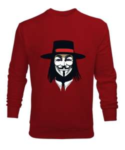 V for Vendetta Önü ve Arkası Baskılı Kırmızı Erkek Sweatshirt