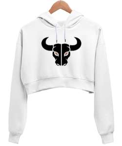 Vahşi Güçlü Boğa Fitness Motivasyon Özel Tasarım Beyaz Kadın Crop Hoodie Kapüşonlu Sweatshirt