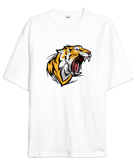 Tisho - Vahşi Kaplan - Tiger Beyaz Oversize Unisex Tişört