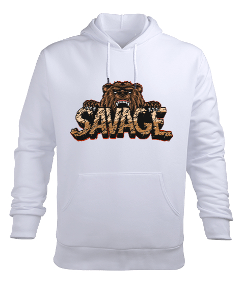 Vahşi Yabani Güçlü Ayı Savage Beyaz Erkek Kapüşonlu Hoodie Sweatshirt