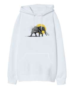 Vahşi Yaşam - Wild Elephant Beyaz Oversize Unisex Kapüşonlu Sweatshirt