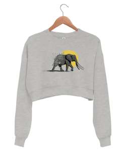 Vahşi Yaşam - Wild Elephant Gri Kadın Crop Sweatshirt